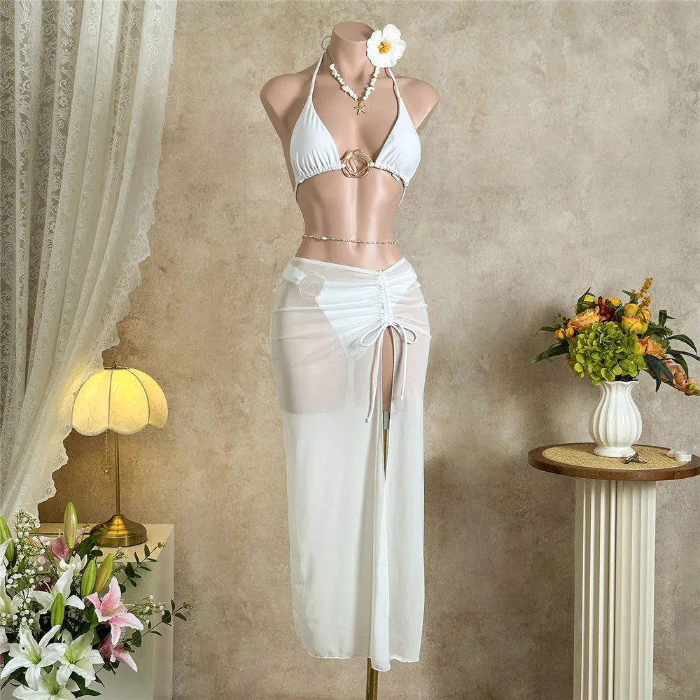 Solid White Mesh Skirts Cover Up Swimwear Halter String Triangle Bikinis Sets