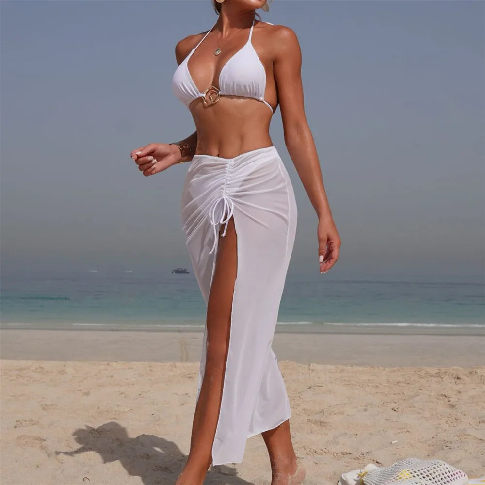 Solid White Mesh Skirts Cover Up Swimwear Halter String Triangle Bikinis Sets
