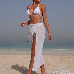 Solid White Mesh Skirts Cover Up Swimwear Halter String Triangle Bikinis Sets