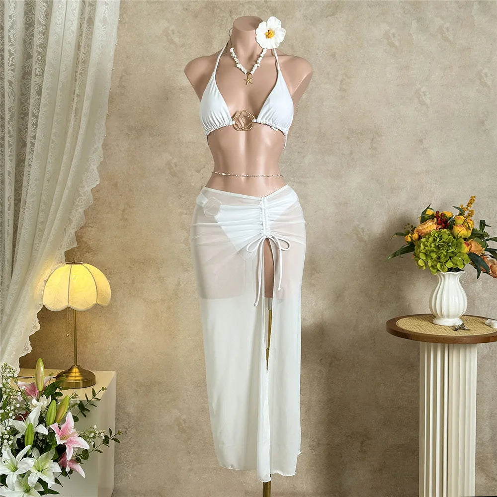 Solid White Mesh Skirts Cover Up Swimwear Halter String Triangle Bikinis Sets