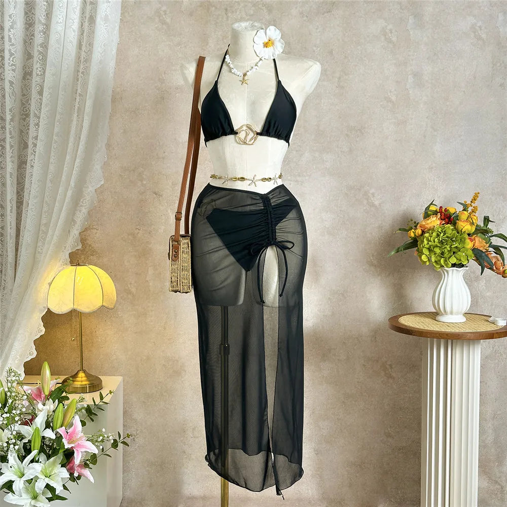 Solid White Mesh Skirts Cover Up Swimwear Halter String Triangle Bikinis Sets
