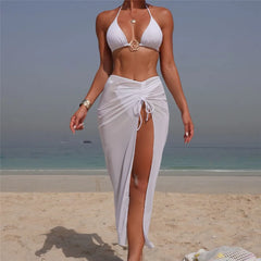 Solid White Mesh Skirts Cover Up Swimwear Halter String Triangle Bikinis Sets