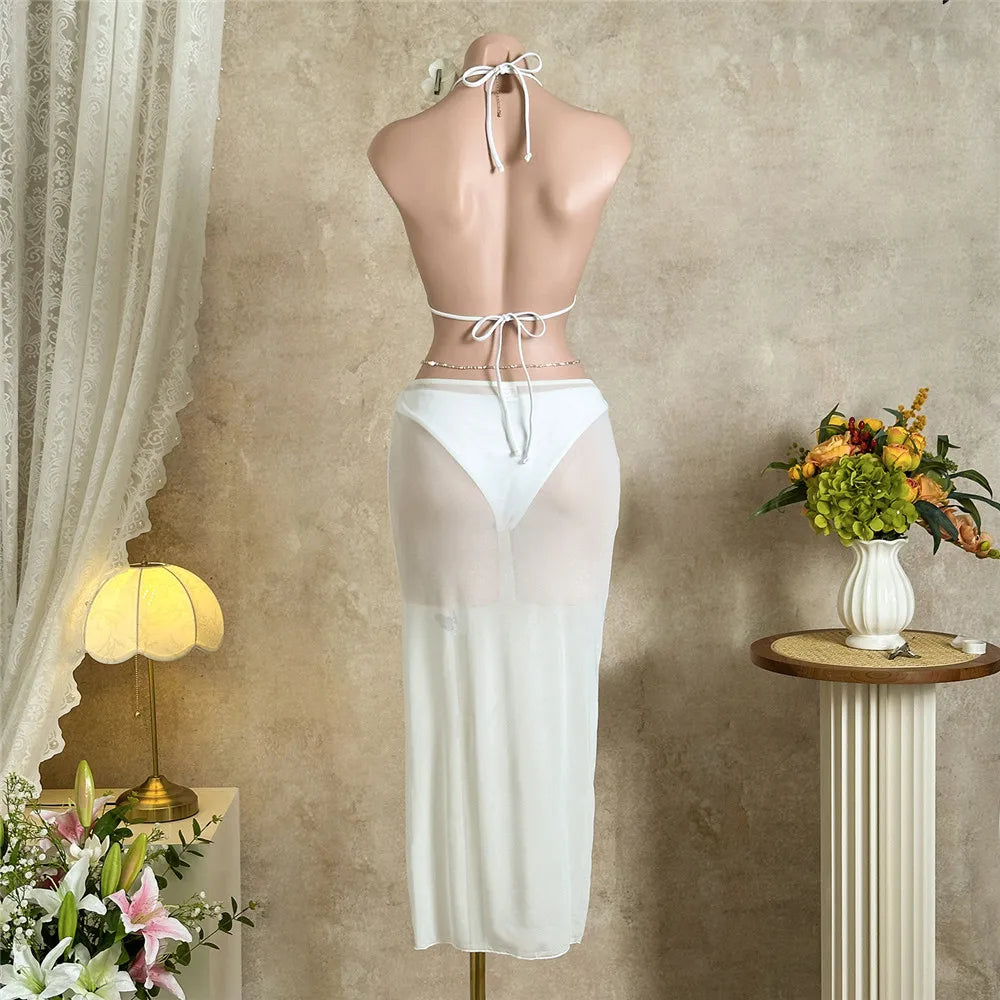 Solid White Mesh Skirts Cover Up Swimwear Halter String Triangle Bikinis Sets