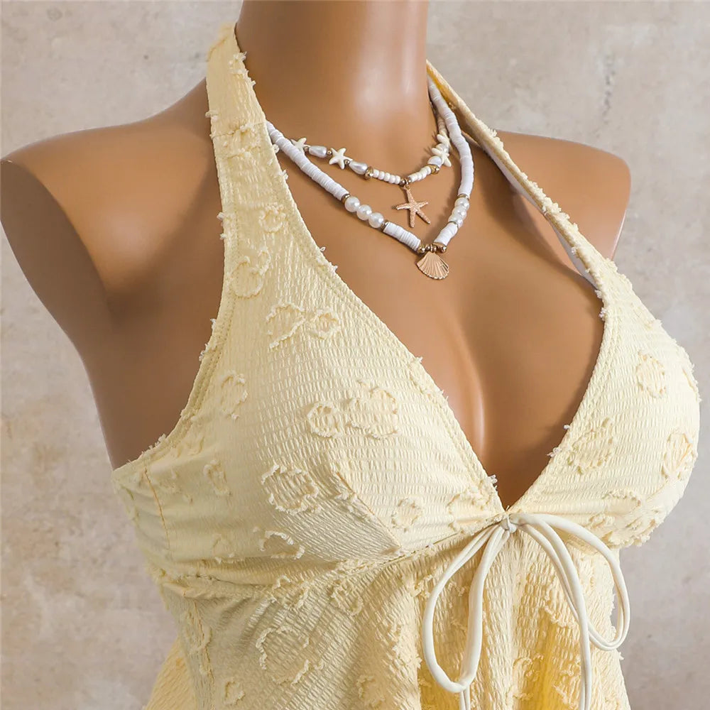 Solid Yellow Halter Knotted Bikini Woman Swimsuit Crop Topss Bathing Suit Biquinis Bikinis Sets