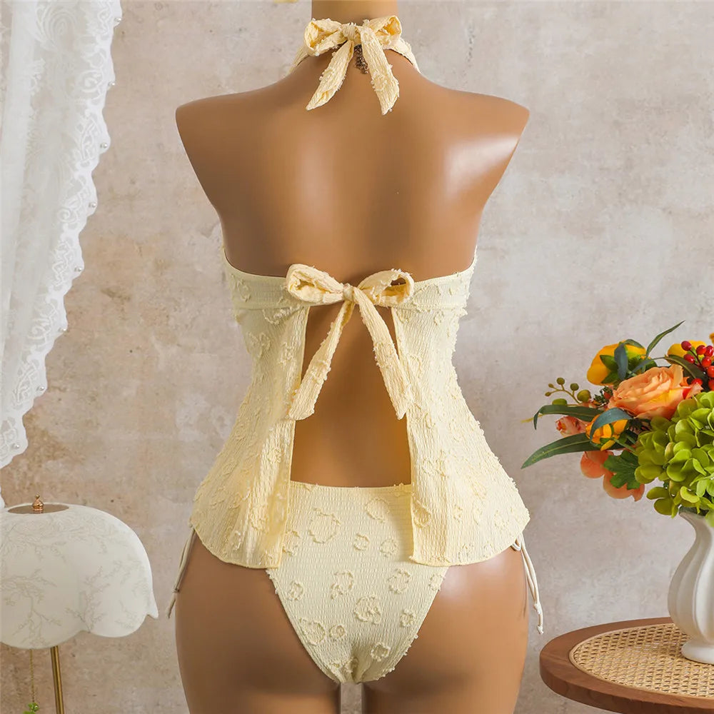 Solid Yellow Halter Knotted Bikini Woman Swimsuit Crop Topss Bathing Suit Biquinis Bikinis Sets