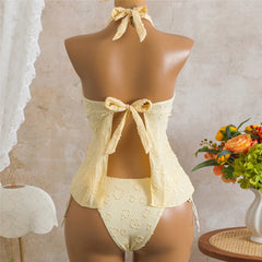 Solid Yellow Halter Knotted Bikini Woman Swimsuit Crop Topss Bathing Suit Biquinis Bikinis Sets