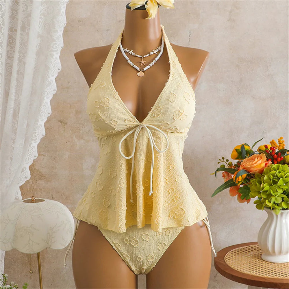 Solid Yellow Halter Knotted Bikini Woman Swimsuit Crop Topss Bathing Suit Biquinis Bikinis Sets