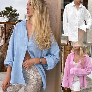 Cover-Ups Shirt Long Sleeve Solid Blouses Elegant Basic Top Collar Yellow Blue Cotton Shirt