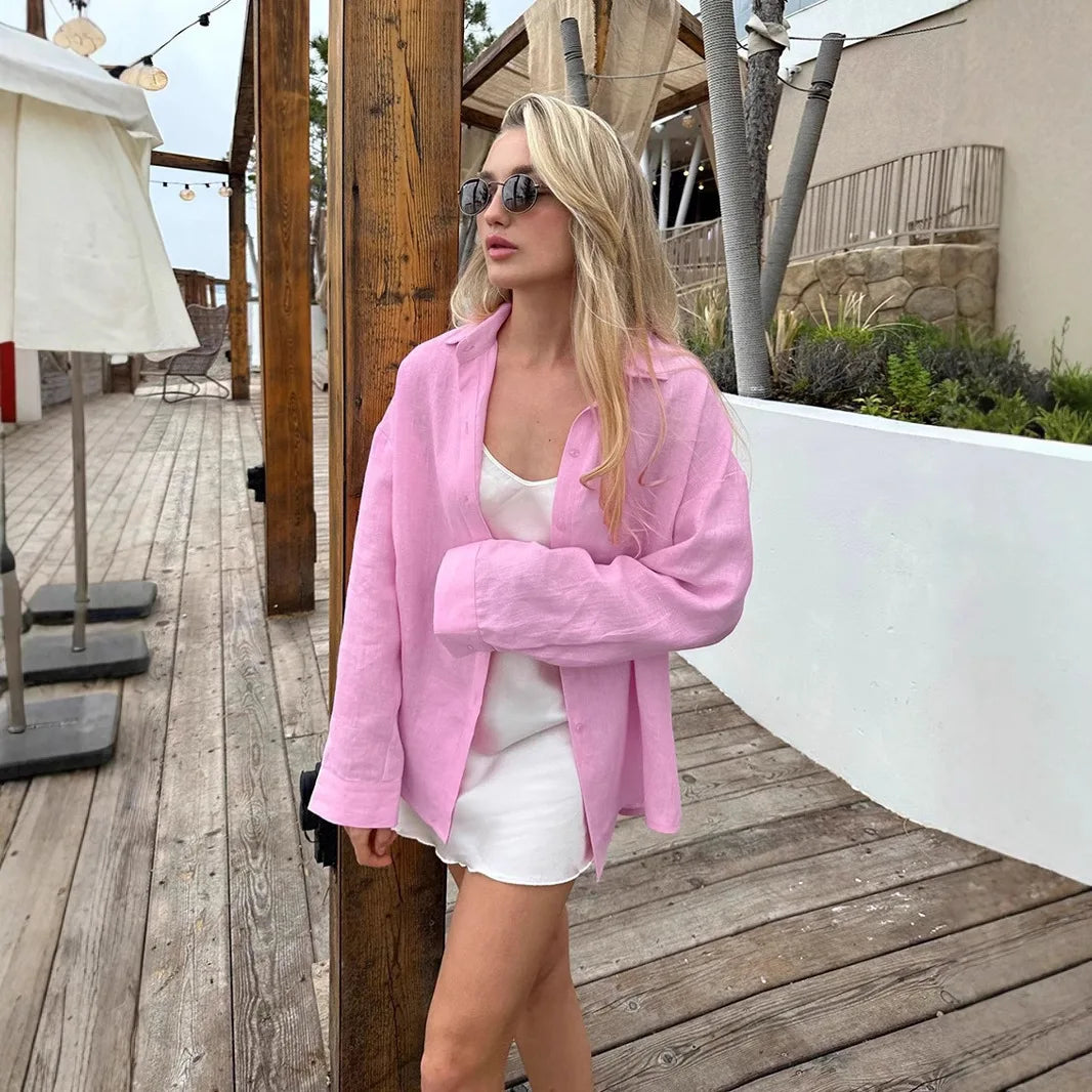 Cover-Ups Shirt Long Sleeve Solid Blouses Elegant Basic Top Collar Yellow Blue Cotton Shirt