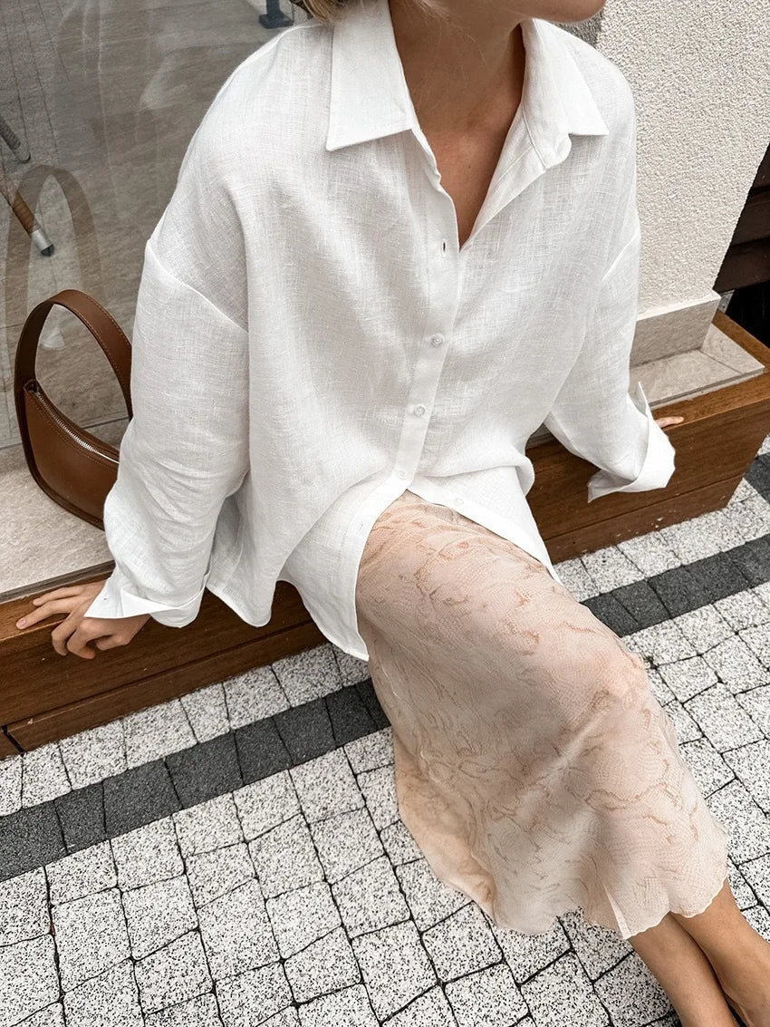 Cover-Ups Shirt Long Sleeve Solid Blouses Elegant Basic Top Collar Yellow Blue Cotton Shirt