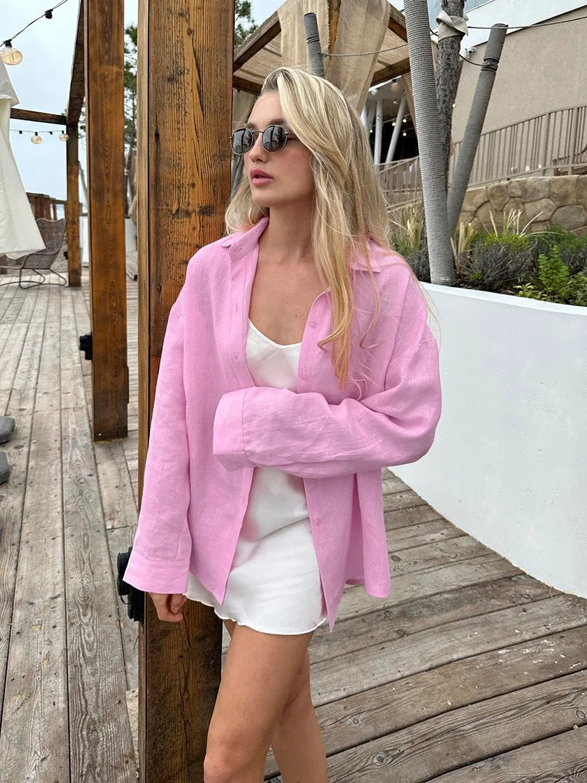 Cover-Ups Shirt Long Sleeve Solid Blouses Elegant Basic Top Collar Yellow Blue Cotton Shirt