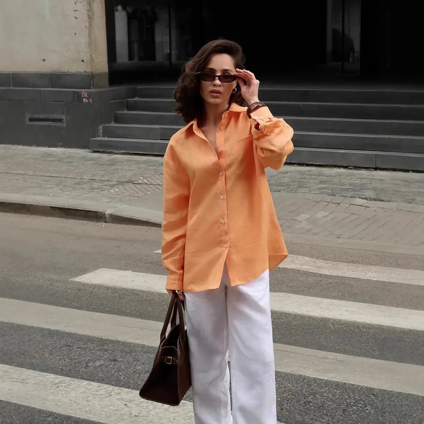 White Cover-Ups Shirt Long Sleeve Beautiful Blouses Elegant Basic Top Collar Yellow Blue Cotton Shirt