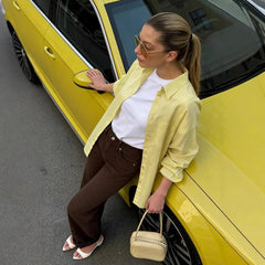 White Cover-Ups Shirt Long Sleeve Beautiful Blouses Elegant Basic Top Collar Yellow Blue Cotton Shirt