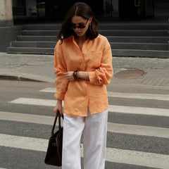 White Cover-Ups Shirt Long Sleeve Beautiful Blouses Elegant Basic Top Collar Yellow Blue Cotton Shirt