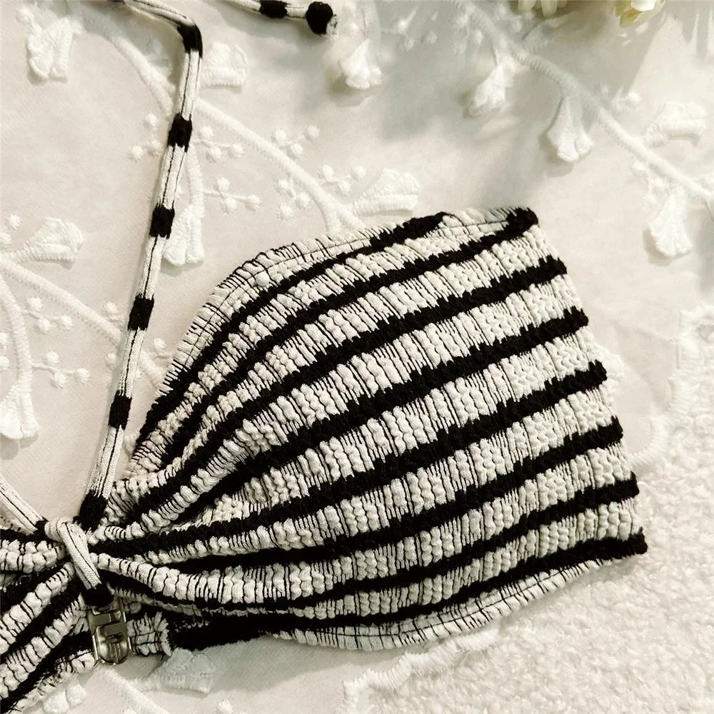 Striped Print String Halter Bandeau Bikinis Sets