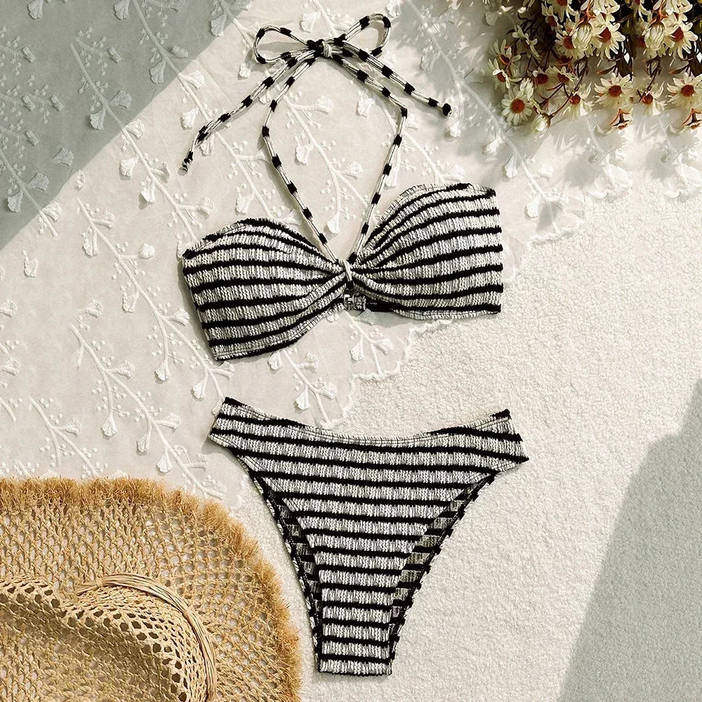 Striped Print String Halter Bandeau Bikinis Sets