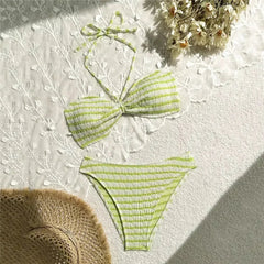 Striped Print String Halter Bandeau Bikinis Sets