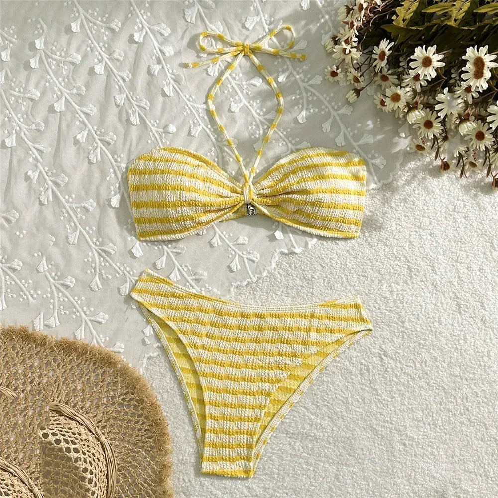 Striped Print String Halter Bandeau Bikinis Sets