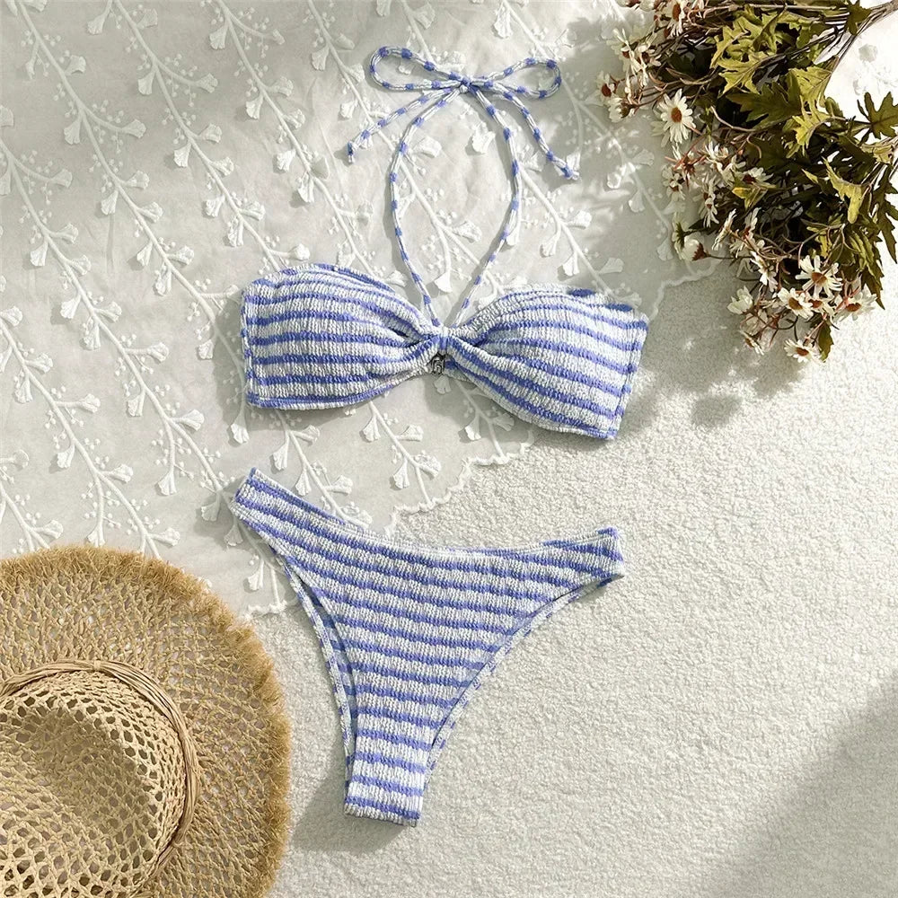 Striped Print String Halter Bandeau Bikinis Sets