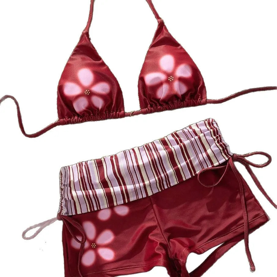 Beach Fashion Swimwears Ladies Split Two Piece Bikini Beautiful Vintage Contrast Flower Print Suspender Bra Shorts Set