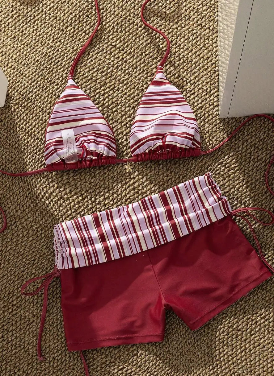 Beach Fashion Swimwears Ladies Split Two Piece Bikini Beautiful Vintage Contrast Flower Print Suspender Bra Shorts Set