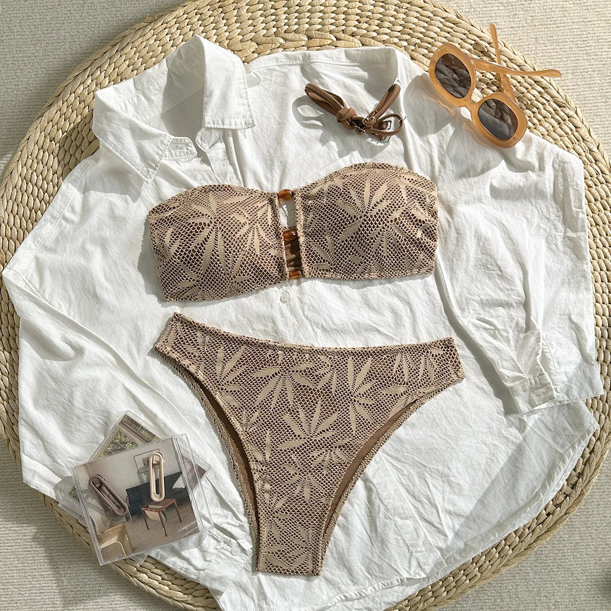 Brown Textured Knit Bikini Set