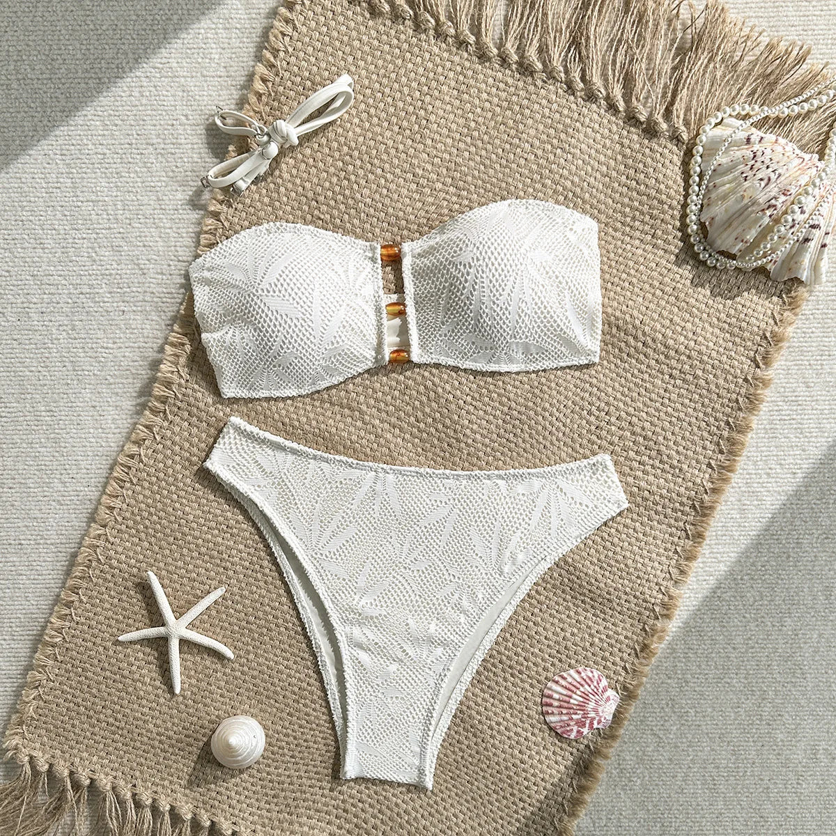 Brown Textured Knit Bikini Set