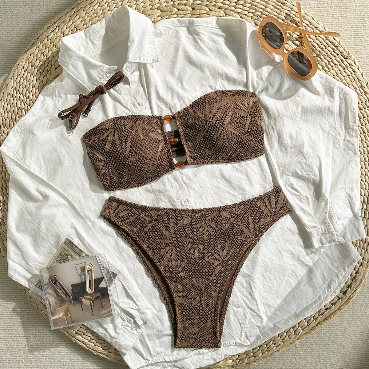 Brown Textured Knit Bikini Set