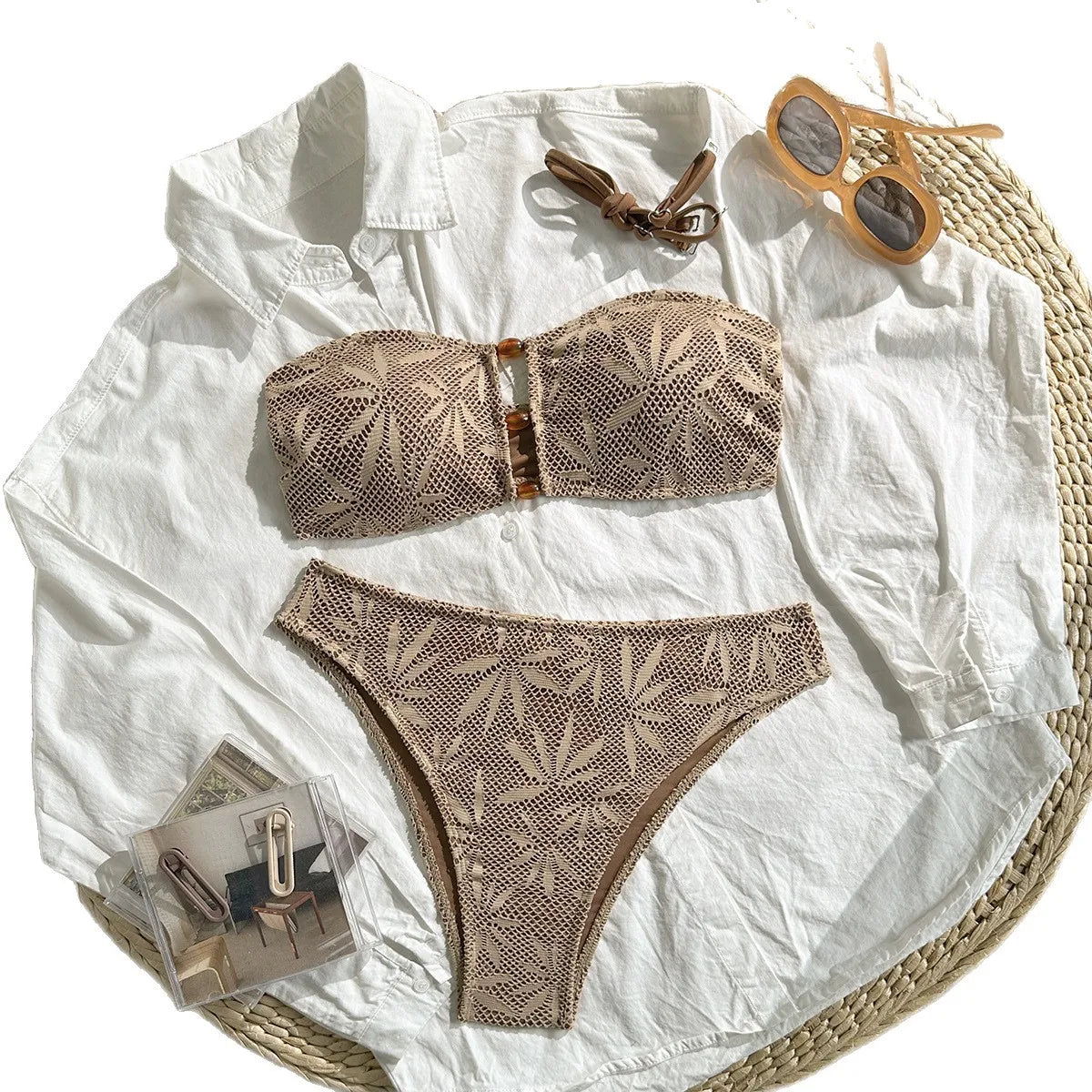 Brown Textured Knit Bikini Set