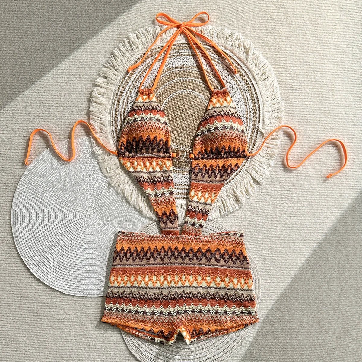Orange Multicolor Knit Cutout One Piece Swimsuit with Starfish Ring Detail Halter Straps