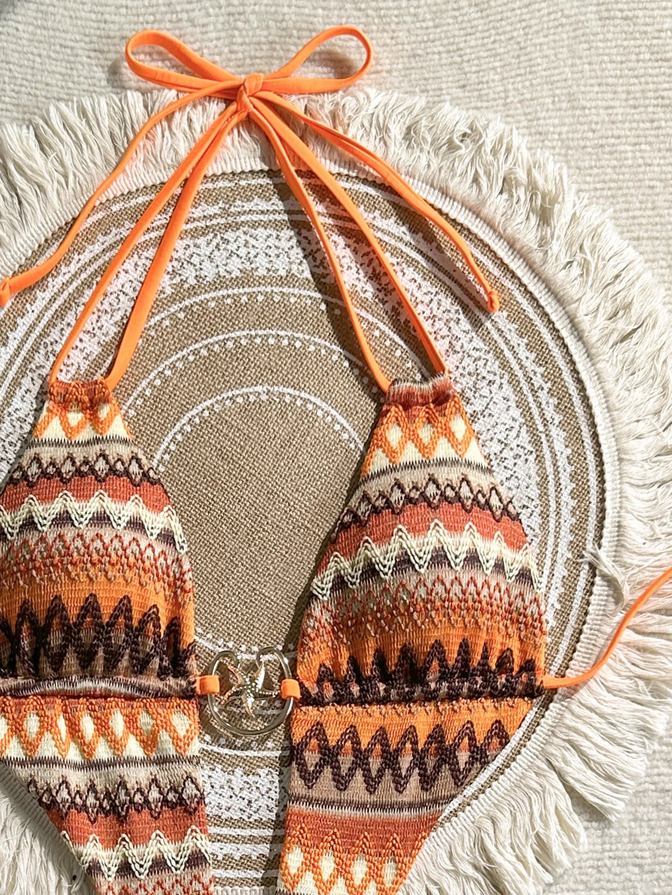 Orange Multicolor Knit Cutout One Piece Swimsuit with Starfish Ring Detail Halter Straps