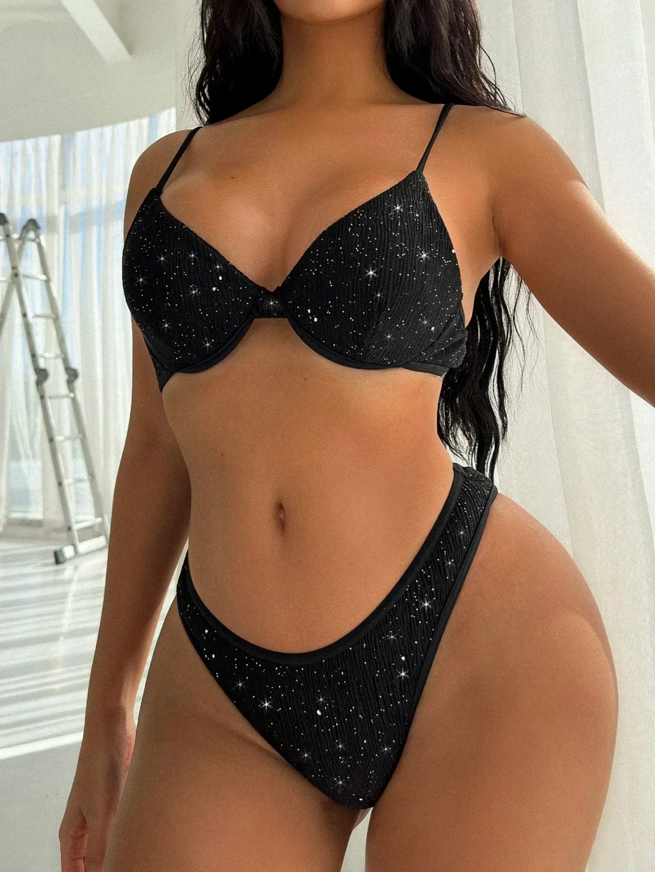 Swimsuit Black Shiny Bikini High Waist 2 Piece Swimwear Steel Support Female V-neck Beach Bathing Suit YX1378X