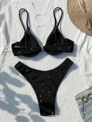 Swimsuit Black Shiny Bikini High Waist 2 Piece Swimwear Steel Support Female V-neck Beach Bathing Suit YX1378X