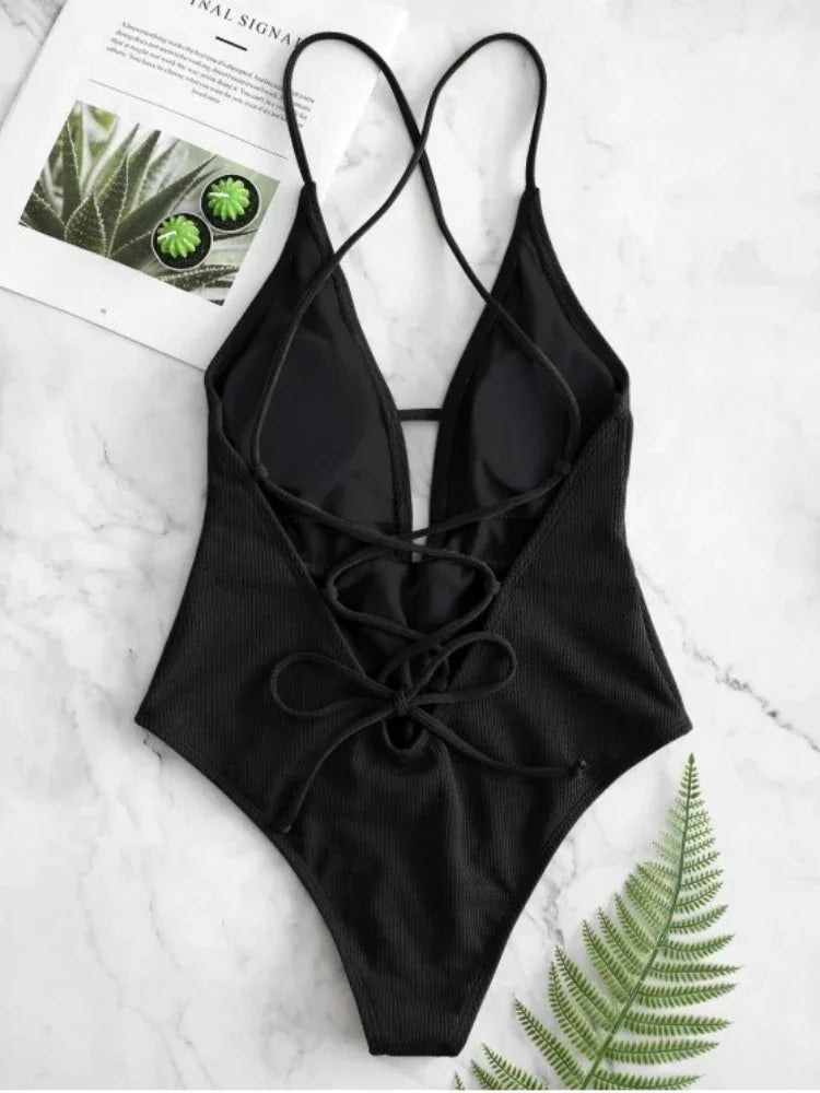 Swimwear Front Tie Push Up Padded One Piece Swimsuit Deep V Neck Bathers Bathing Suit Backless Swimming Suit Monokini