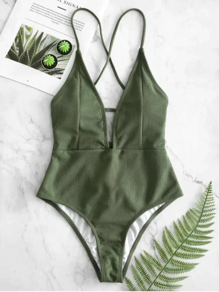 Swimwear Front Tie Push Up Padded One Piece Swimsuit Deep V Neck Bathers Bathing Suit Backless Swimming Suit Monokini