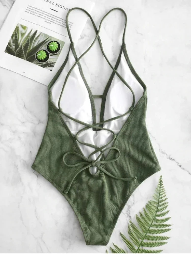 Swimwear Front Tie Push Up Padded One Piece Swimsuit Deep V Neck Bathers Bathing Suit Backless Swimming Suit Monokini
