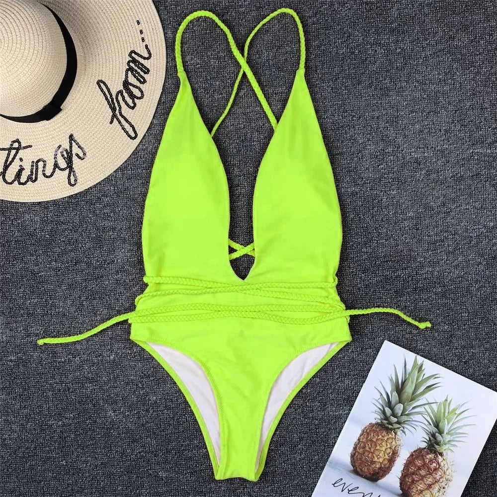 Swimwear Neon Green Cut Out Lace Up One Piece Swimsuit Solid Deep V-neck Push Up Leopard Backless Tummy Control Bikini