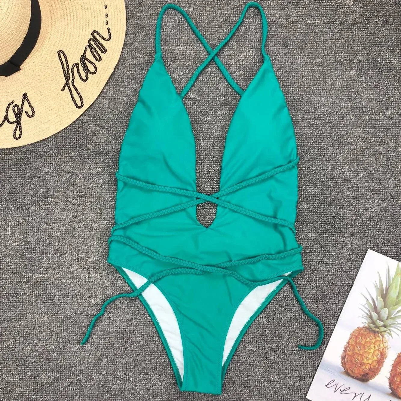 Swimwear Neon Green Cut Out Lace Up One Piece Swimsuit Solid Deep V-neck Push Up Leopard Backless Tummy Control Bikini