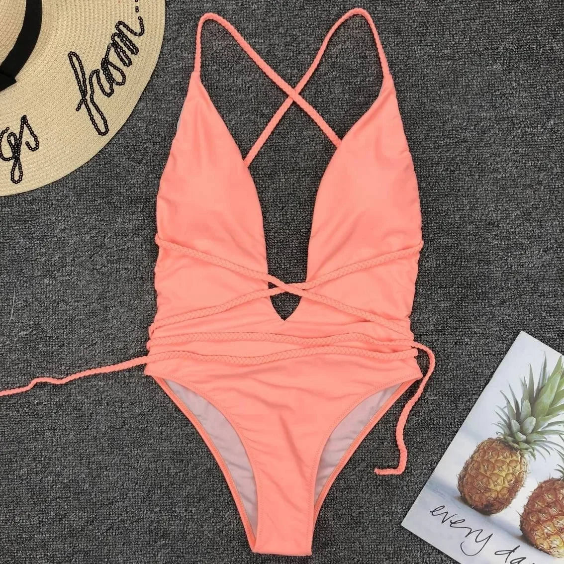 Swimwear Neon Green Cut Out Lace Up One Piece Swimsuit Solid Deep V-neck Push Up Leopard Backless Tummy Control Bikini