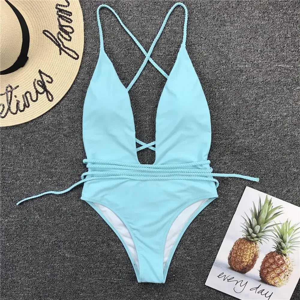Swimwear Neon Green Cut Out Lace Up One Piece Swimsuit Solid Deep V-neck Push Up Leopard Backless Tummy Control Bikini