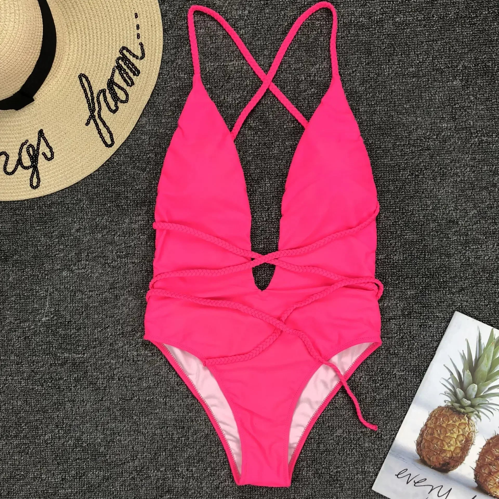 Swimwear Neon Green Cut Out Lace Up One Piece Swimsuit Solid Deep V-neck Push Up Leopard Backless Tummy Control Bikini