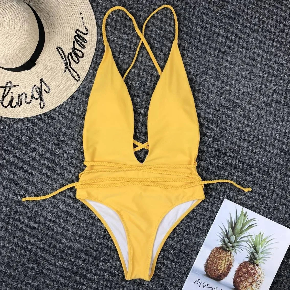 Swimwear Neon Green Cut Out Lace Up One Piece Swimsuit Solid Deep V-neck Push Up Leopard Backless Tummy Control Bikini