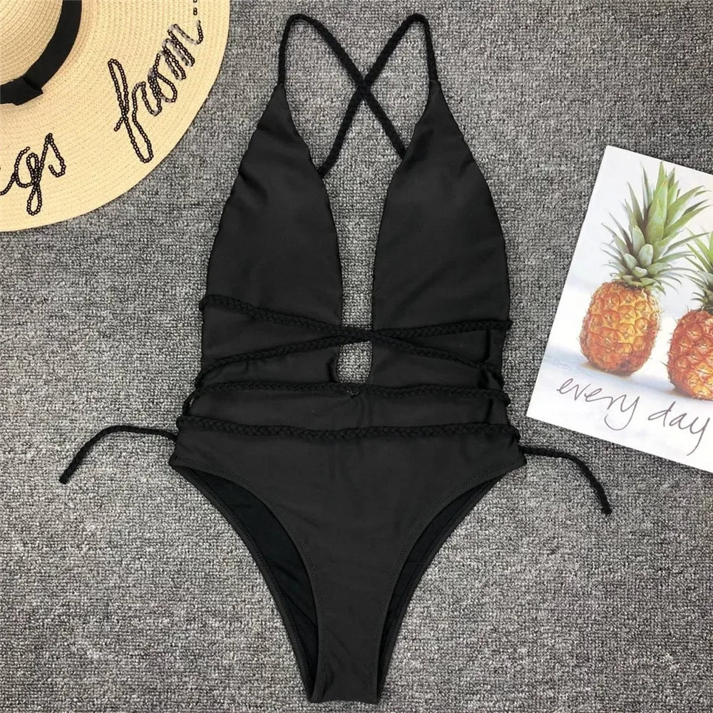 Swimwear Neon Green Cut Out Lace Up One Piece Swimsuit Solid Deep V-neck Push Up Leopard Backless Tummy Control Bikini