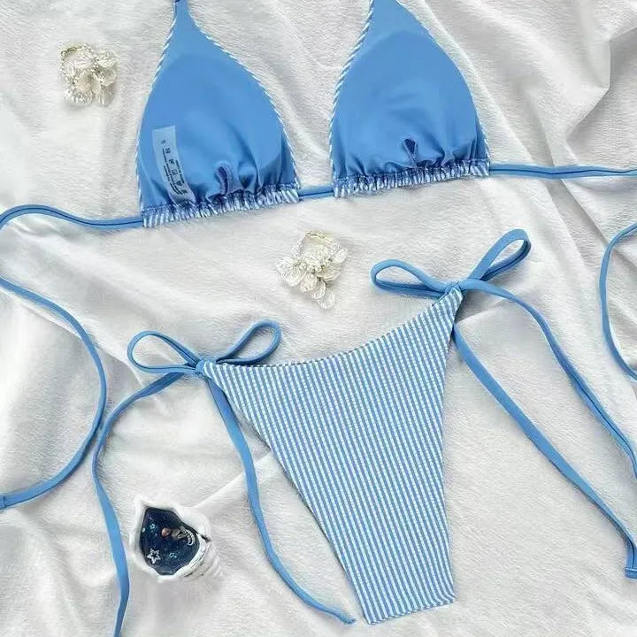 Swimwear Striped Print Brazilian Thong Bikini Set