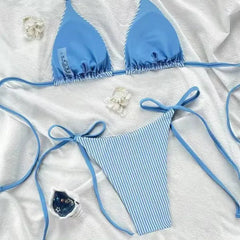 Swimwear Striped Print Brazilian Thong Bikini Set