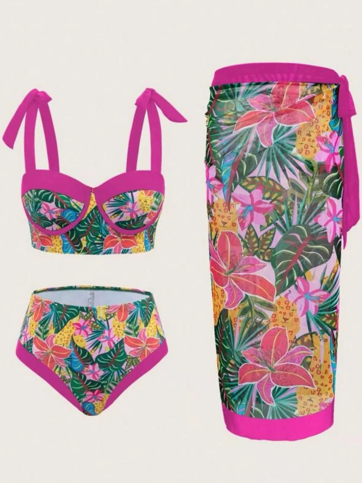 Vintage Black Floral Print Bikini Push Up Underwire Bra High Waist Swimsuit Beach Bathing Suit Skirt 3 Piece Swimwear