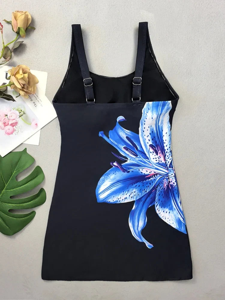 Vintage Black Flower Print Tankini Set