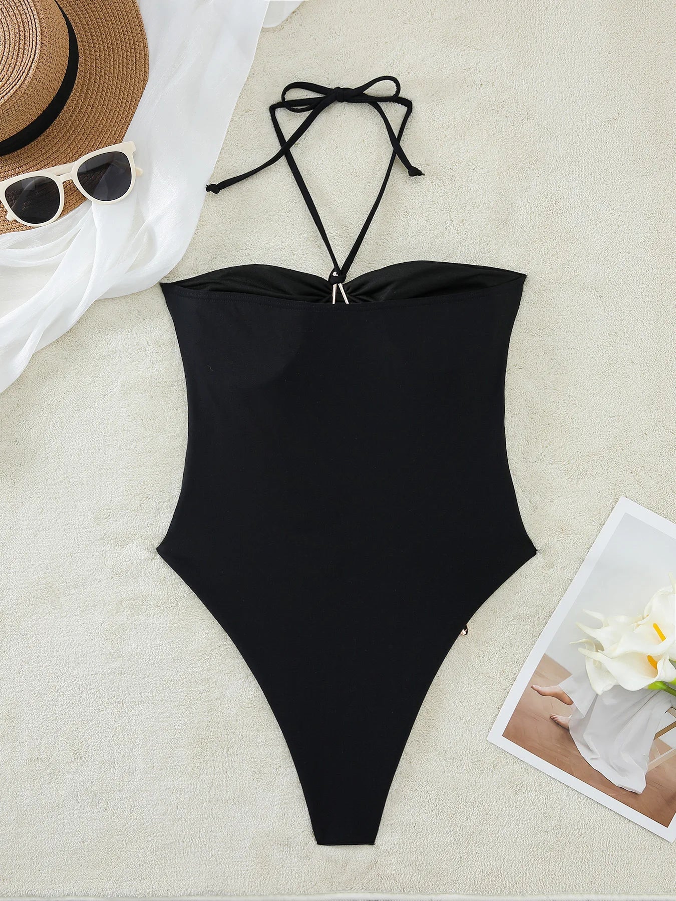Vintage Black Swimwear Metal Starfish Ornament Hollow Out Bandage Cross Bathing Suit Beach One Piece Swimsuit