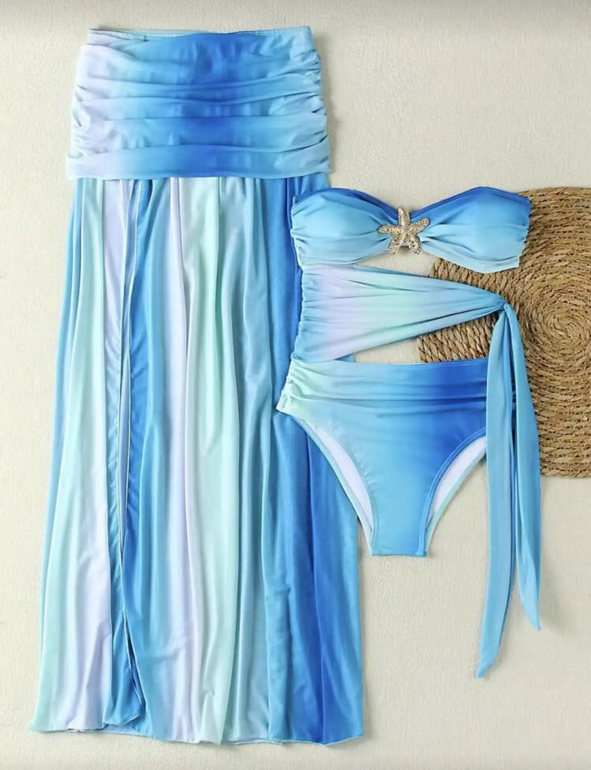 Vintage Blue Gradient Swimwear Pleate Long Skirt Bikini Set