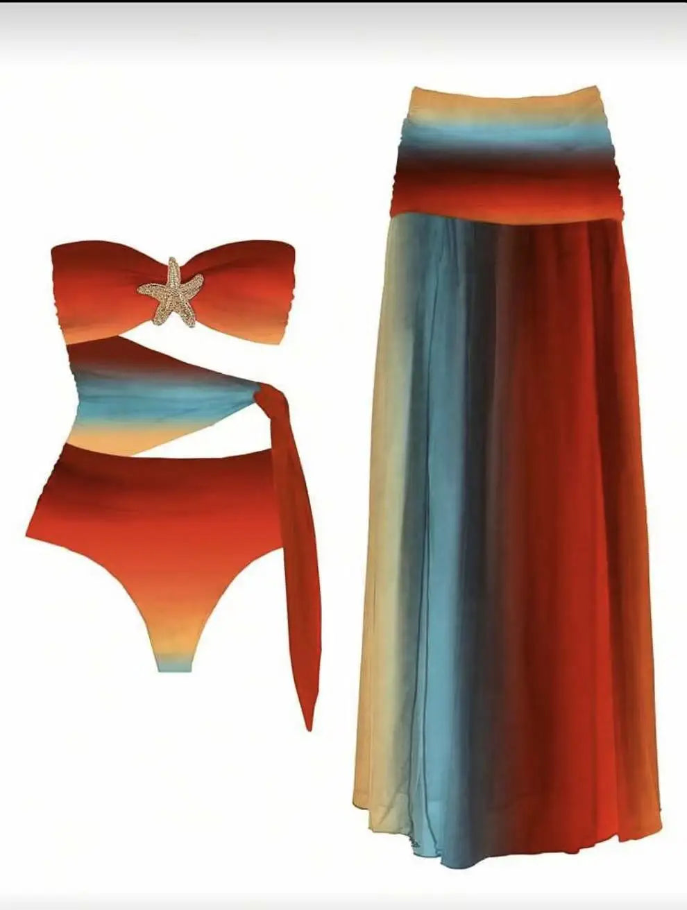 Vintage Blue Gradient Swimwear Pleate Long Skirt Bikini Set